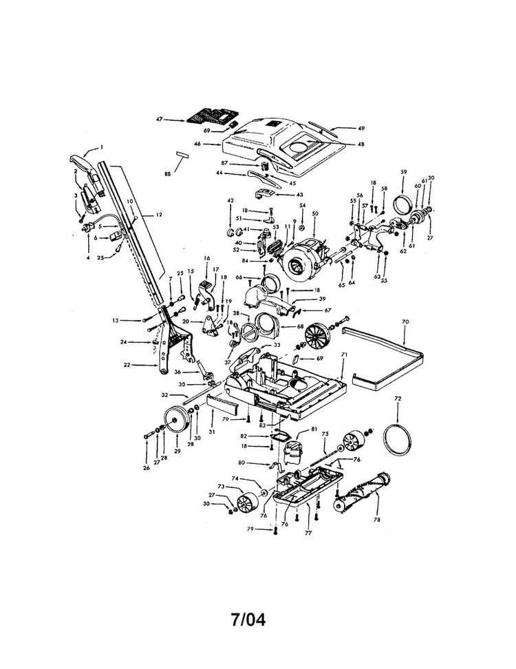 Main Body/handle/hood Diagram and Parts List for U7069-080  Hoover Upright Vacuum