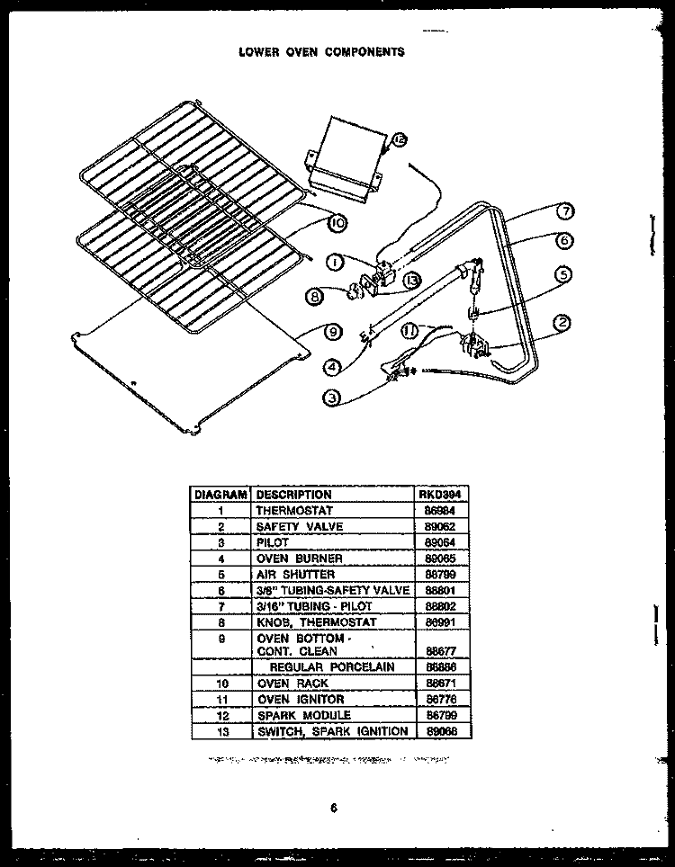 LOWER OVEN COMPONENTS Diagram and Parts List for RKD394  Caloric Microwave Oven Combo