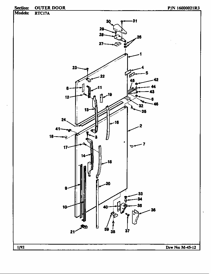 Outer Door Diagram and Parts List for RTC17A-BH26D  Maytag Refrigerator