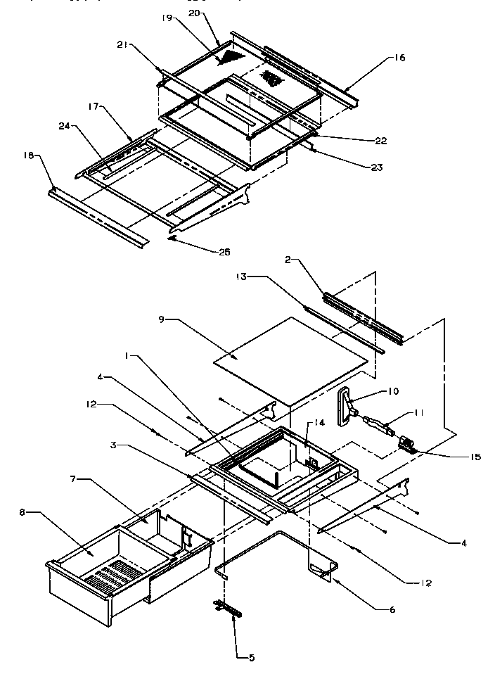 Refrigerator Shelving And Drawers Diagram and Parts List for SPD25QA3W-P1181321WW  Amana Refrigerator