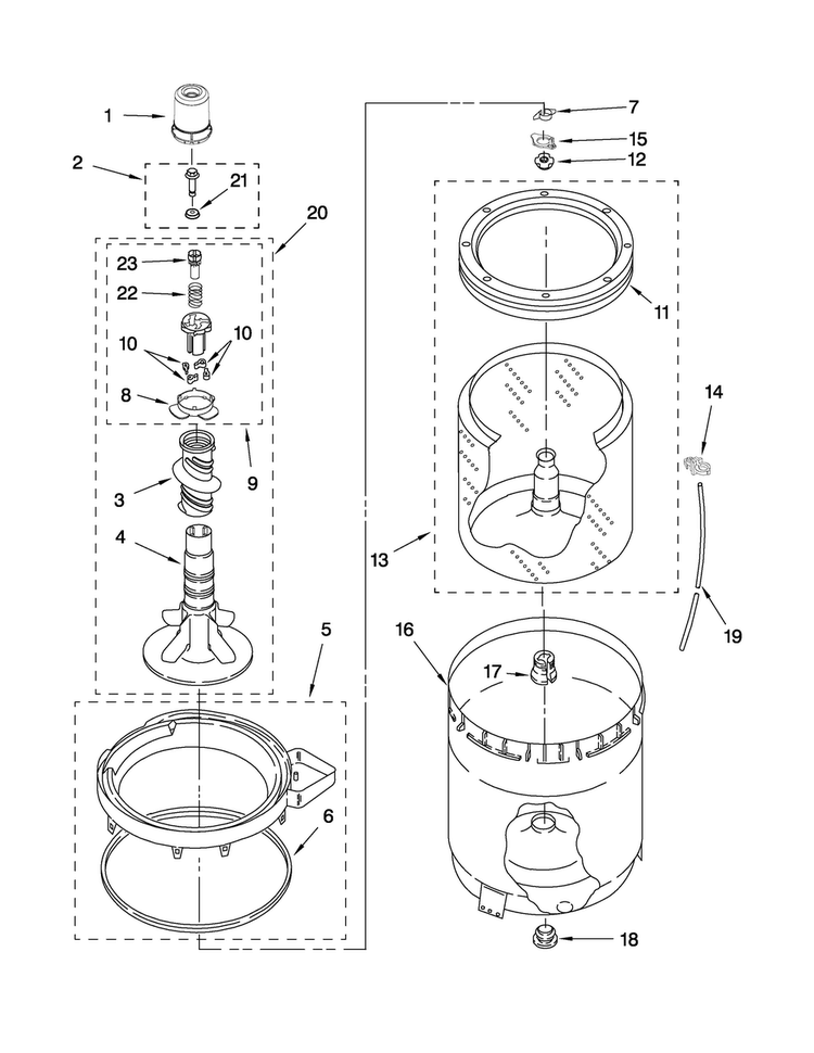 Agitator, Basket And Tub Parts Diagram and Parts List for 6AMTW5455TQ1  Maytag Washer