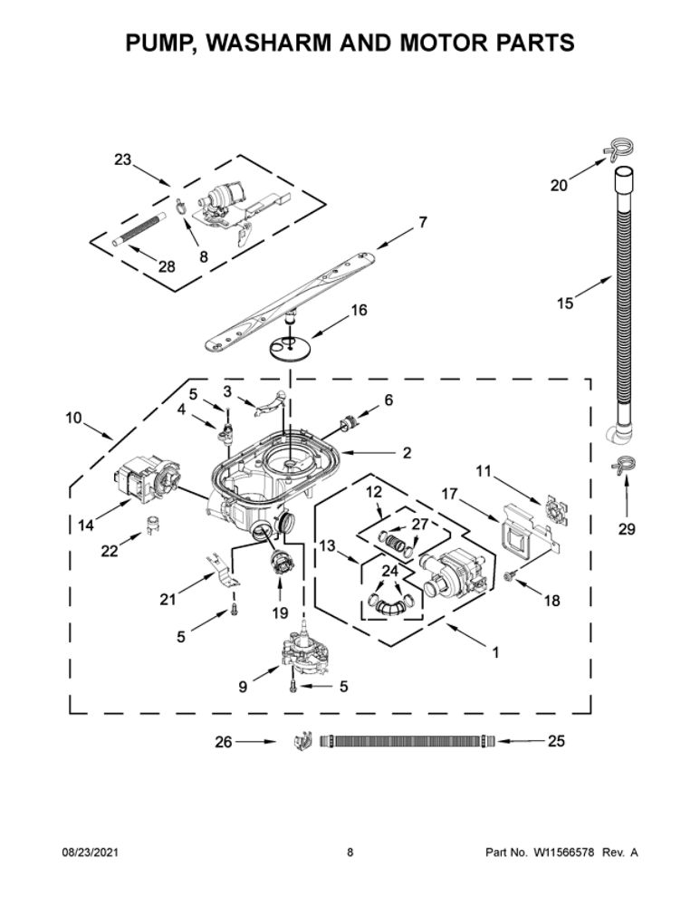 Pump, Washarm And Motor Parts Diagram and Parts List for JDPSG244LS0  Maytag Dishwasher