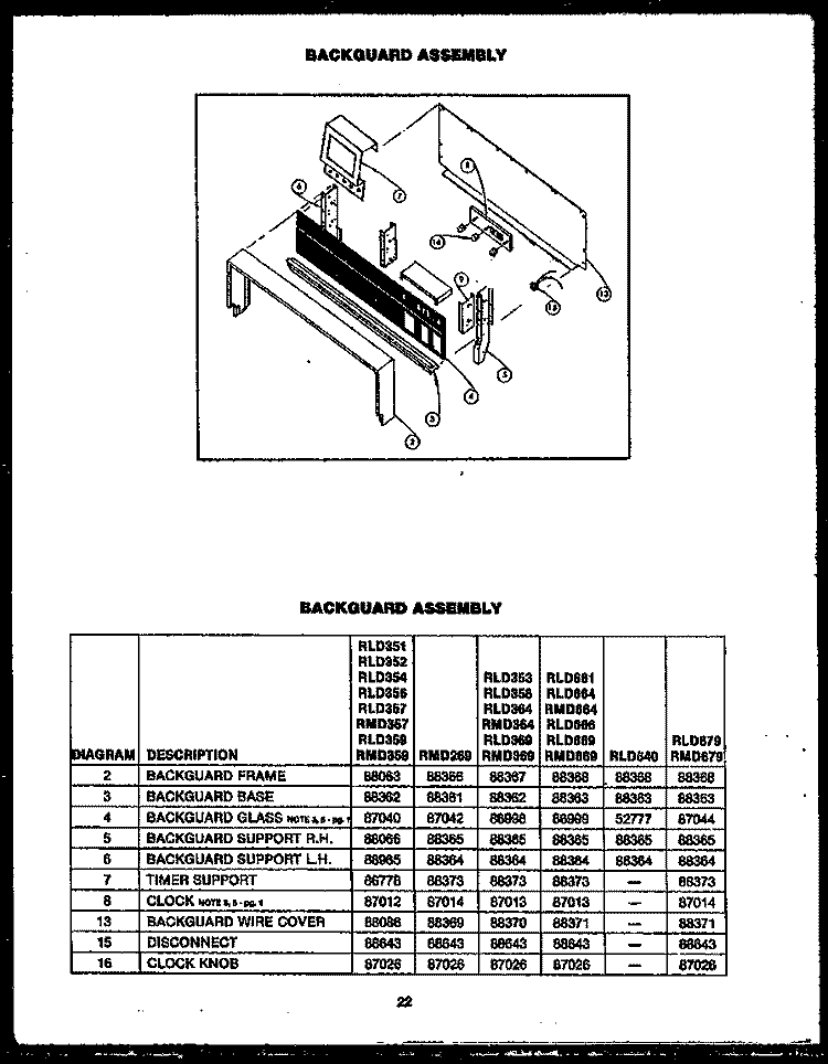 BACKGUARD ASSY Diagram and Parts List for RLD356  Amana Range