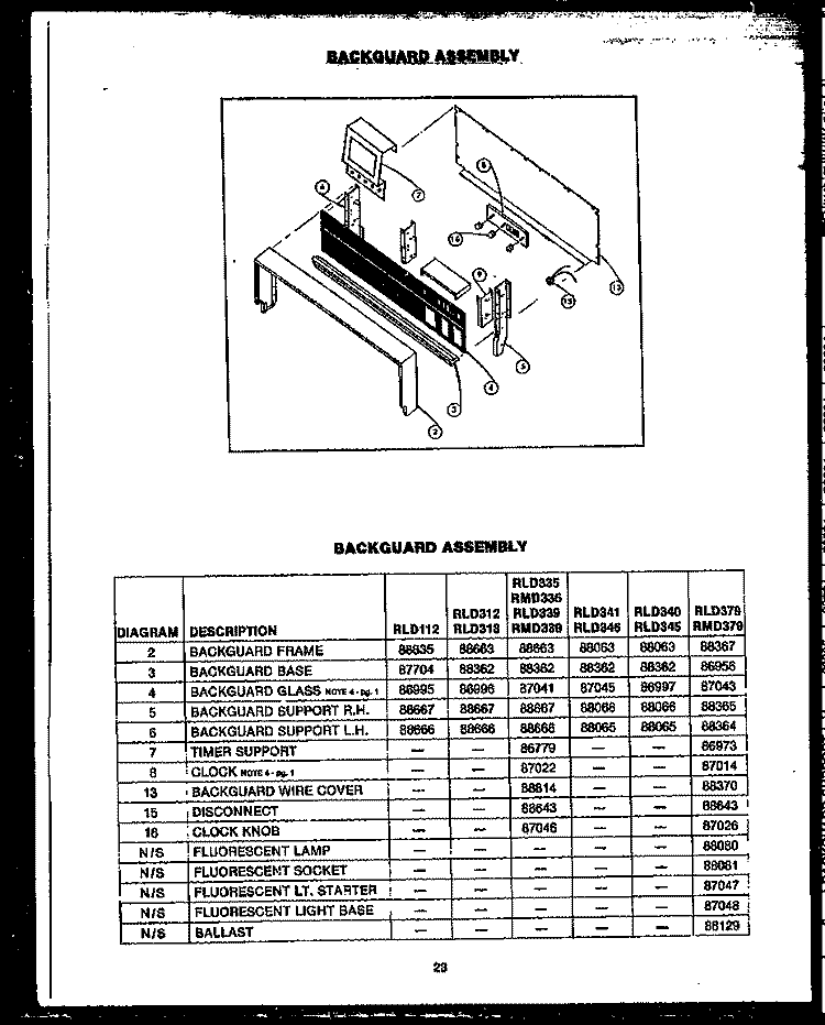 BACKGUARD ASSY Diagram and Parts List for RLD339  Amana Range