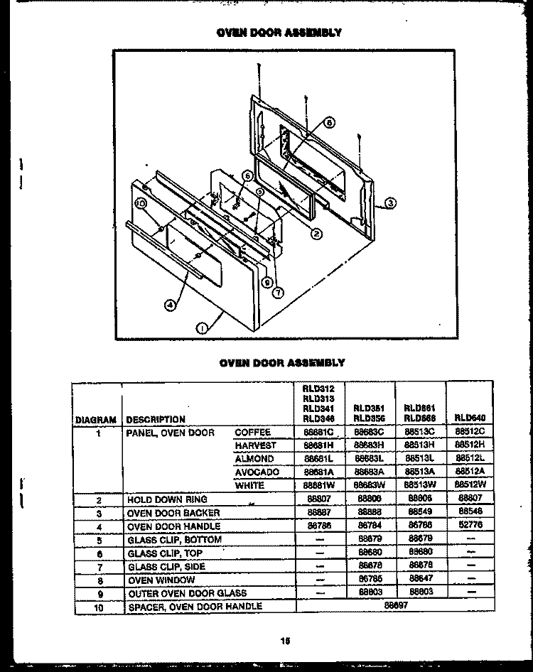 OVEN DOOR ASSY Diagram and Parts List for RLD640  Caloric Wall Oven
