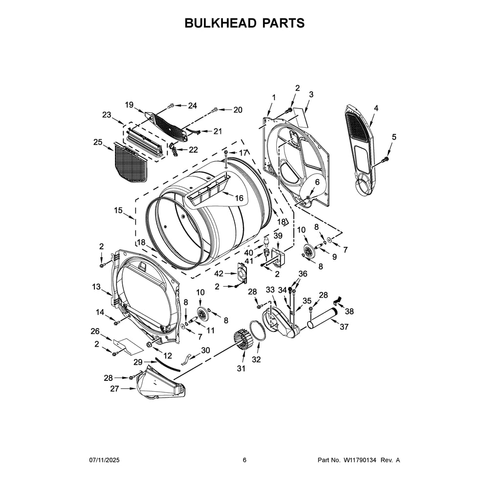 Bulkhead Parts Diagram and Parts List for MED6205RW0  Maytag Dryer