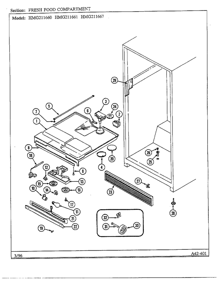 Fresh Food Compartment Diagram and Parts List for HMG211660  Admiral Refrigerator