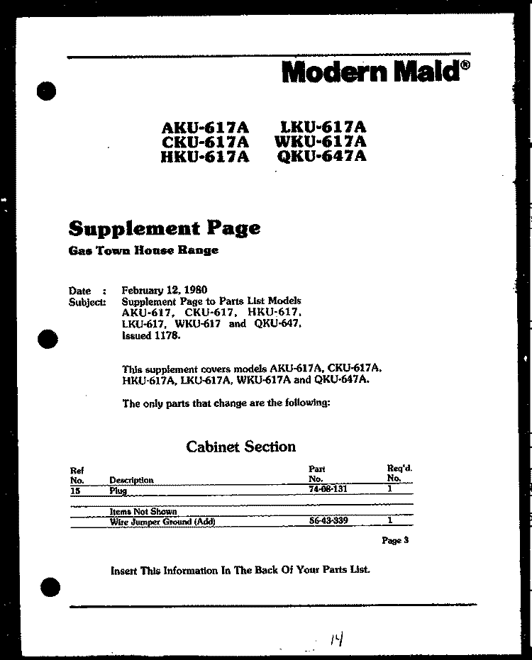 Page 1 Diagram and Parts List for AKU-617A  Amana Cooktop