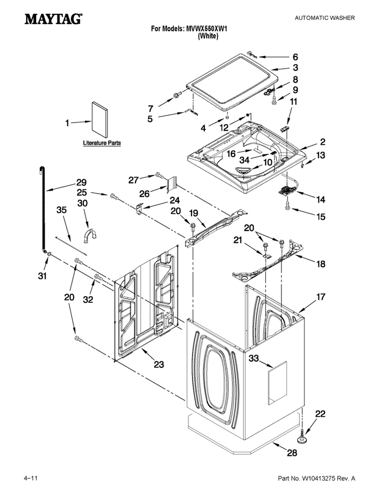 Top And Cabinet Parts Diagram and Parts List for MVWX550XW1  Maytag Washer