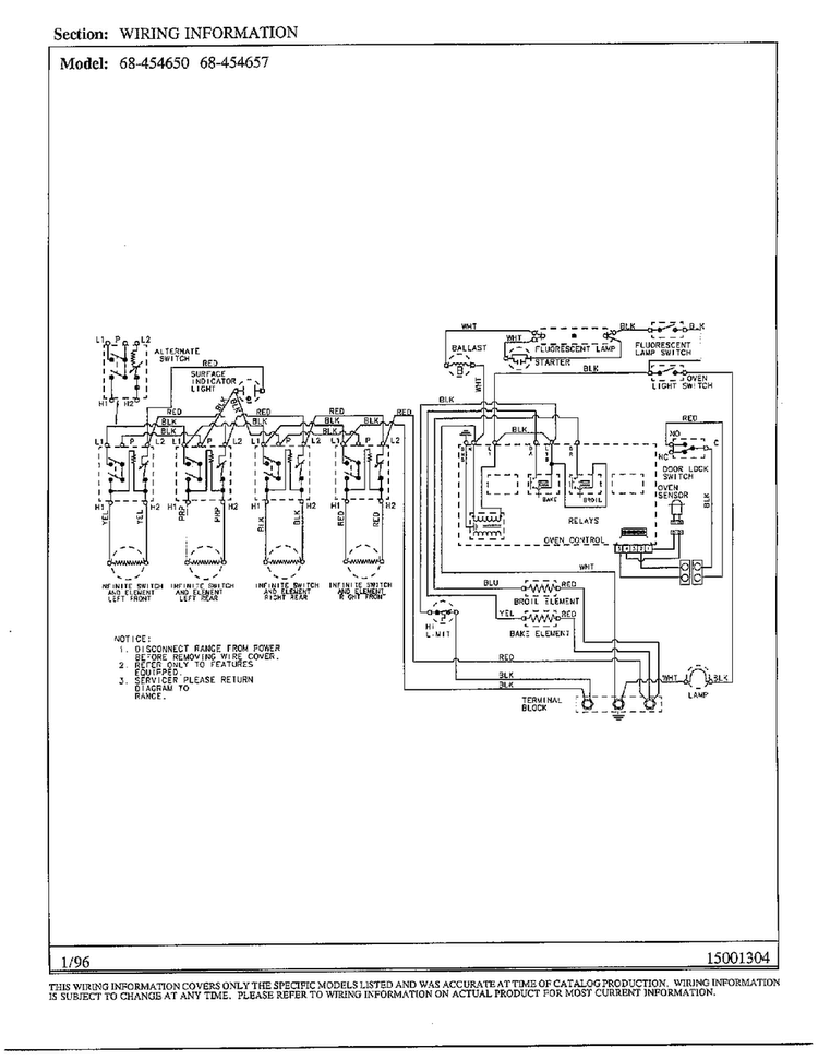 Wiring Information Diagram and Parts List for 68-454650  Magic Chef Range