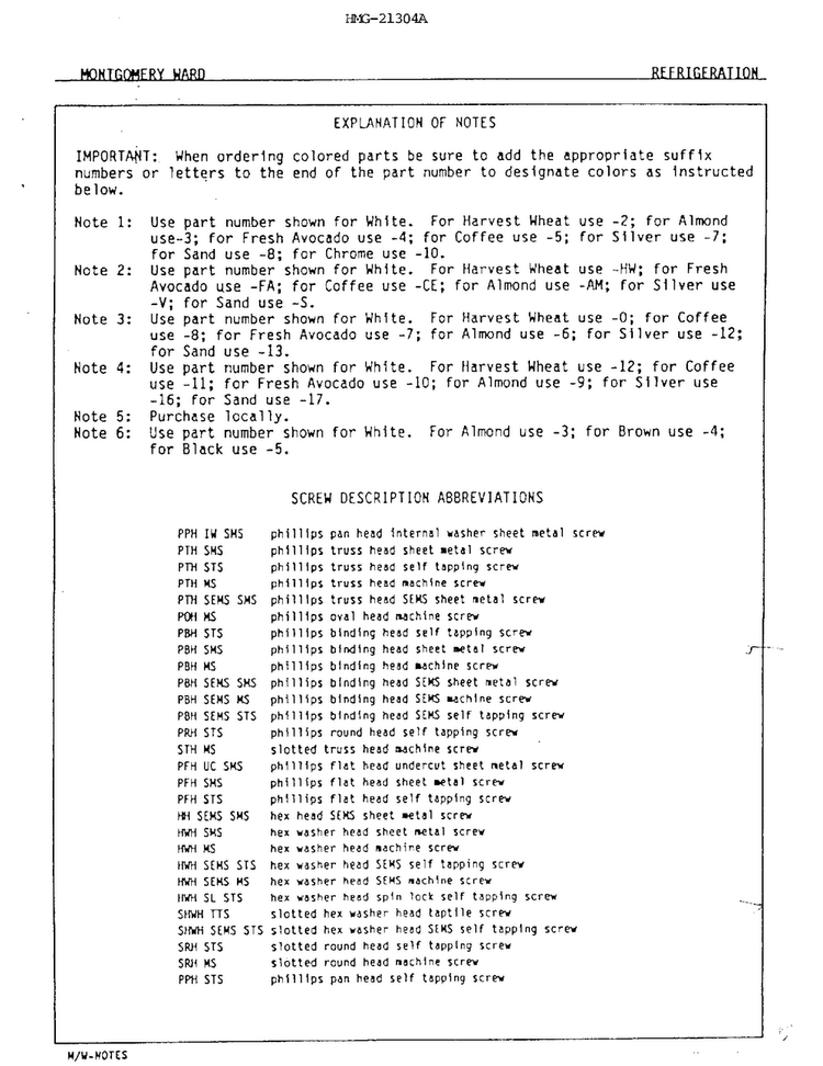 Refrigeration/screw Descript Abbrev Diagram and Parts List for 21304A  Admiral Refrigerator