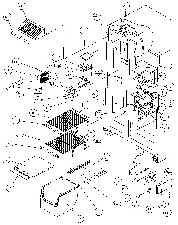 Freezer Shelving And Refrigerator Light Diagram and Parts List for 36271-P1121802W  Amana Refrigerator