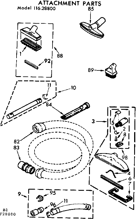 Attachment Parts Diagram and Parts List for 11628800  Kenmore Canister Vacuum