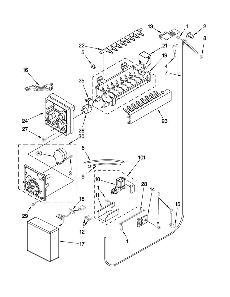 Icemaker Parts Diagram and Parts List for JB36NXFXRW00  Jenn-Air Refrigerator