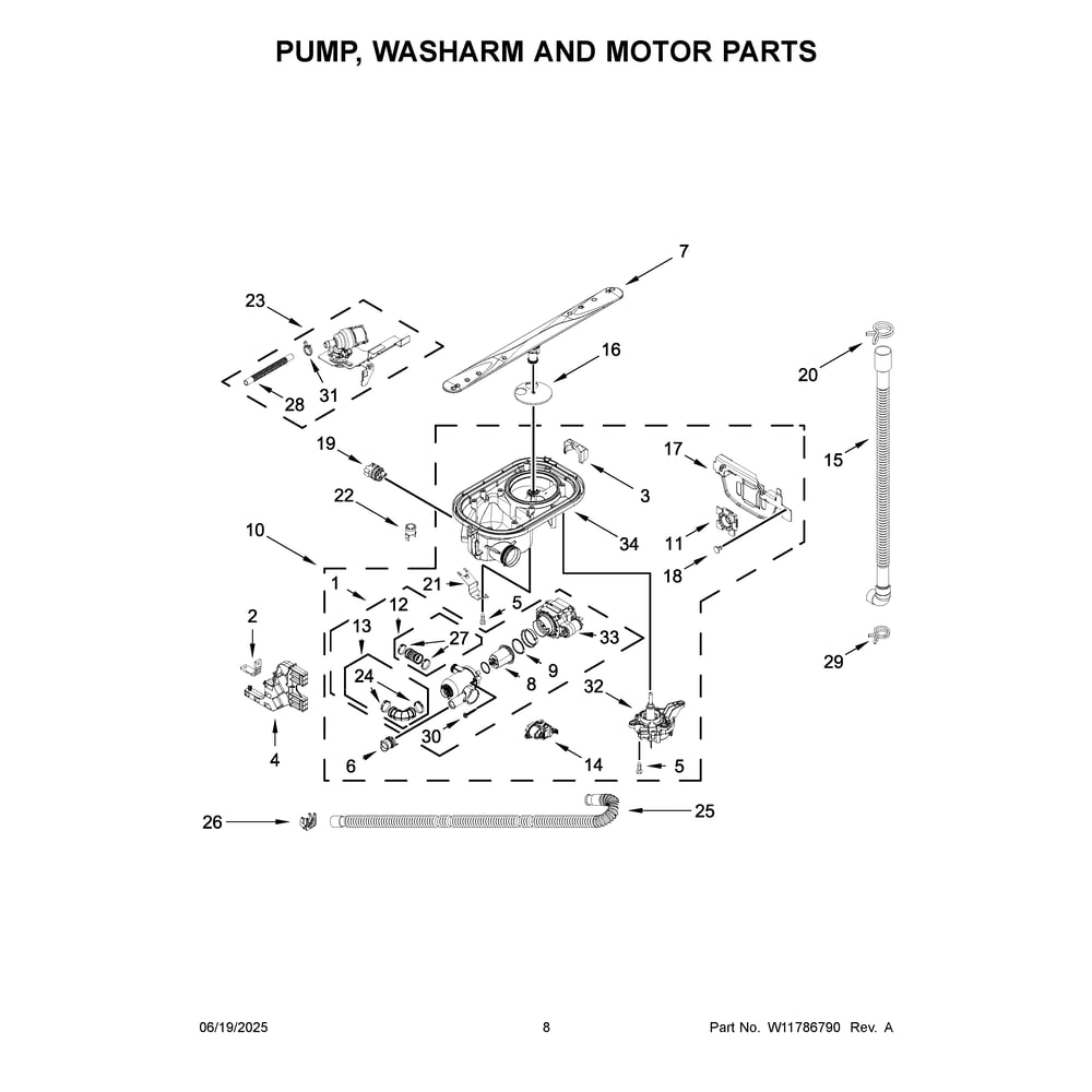 Pump, Washarm And Motor Parts Diagram and Parts List for MDB7959SKZ4  Maytag Dishwasher