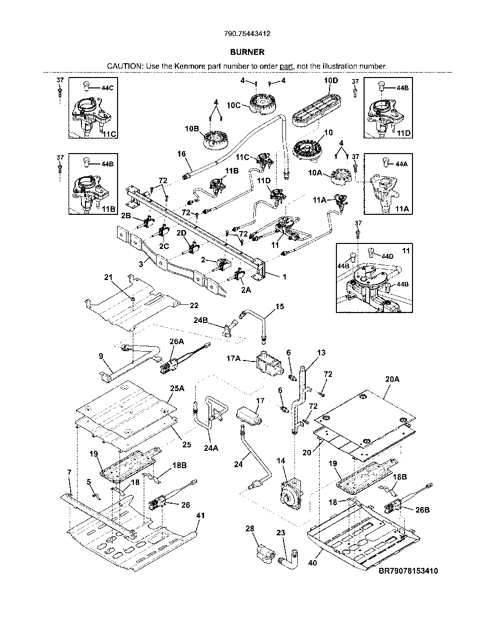 Burner Diagram and Parts List for 79075443412  Kenmore Range