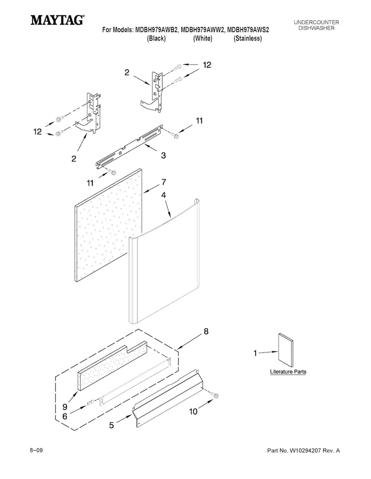 Door And Panel Parts Diagram and Parts List for MDBH979AWS2  Maytag Dishwasher