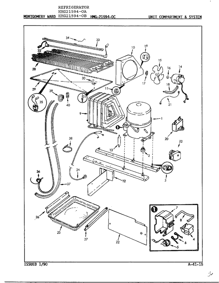 Unit Compartment & System Diagram and Parts List for 21304-0A  Admiral Refrigerator