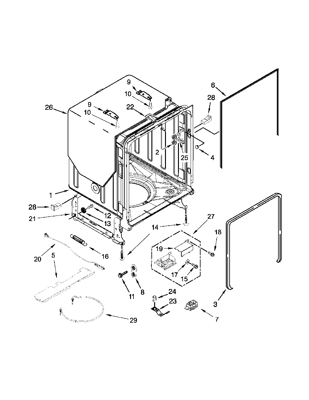 Tub And Frame Parts Diagram and Parts List for 66514752N510  Kenmore Dishwasher