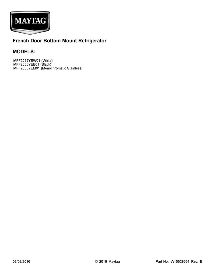 Cover Sheet Diagram and Parts List for MFF2055YEB01  Maytag Refrigerator