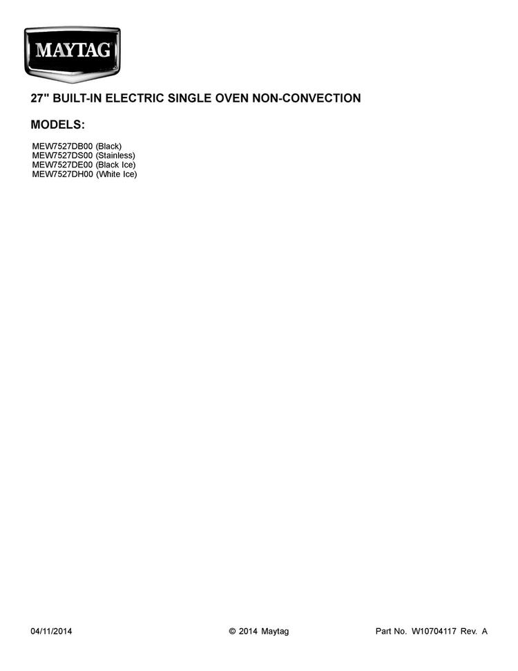 Cover Sheet Diagram and Parts List for MEW7527DE00  Maytag Wall Oven