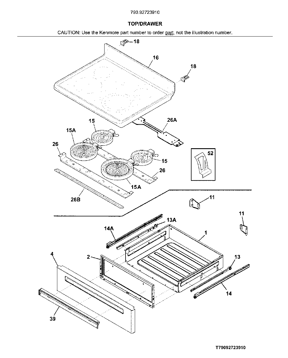 Top/Drawer Diagram and Parts List for 79092723910  Kenmore Range