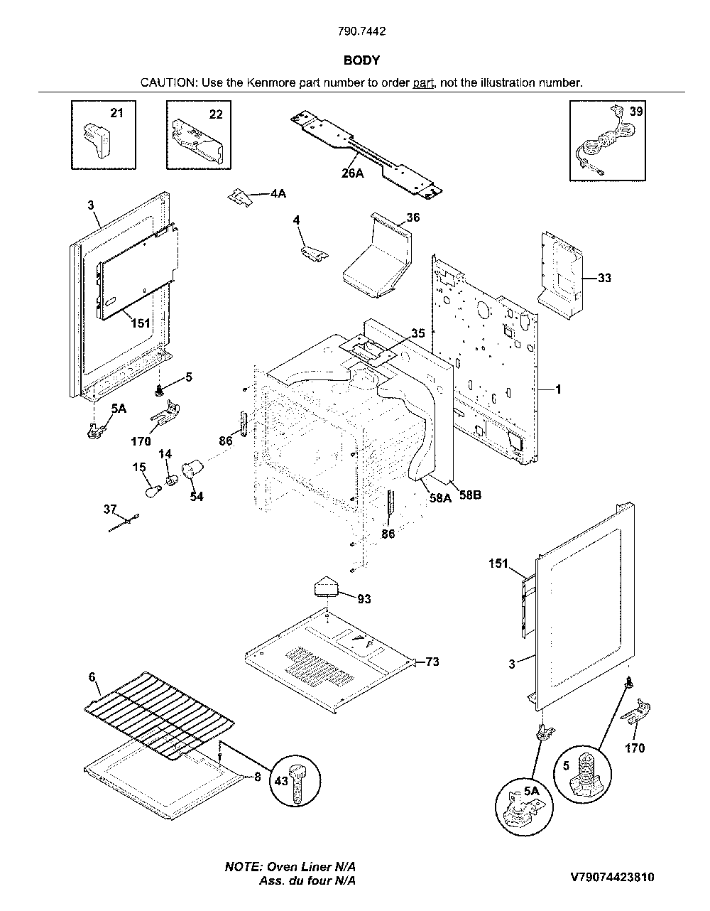 Body Diagram and Parts List for 79074429810  Kenmore Range