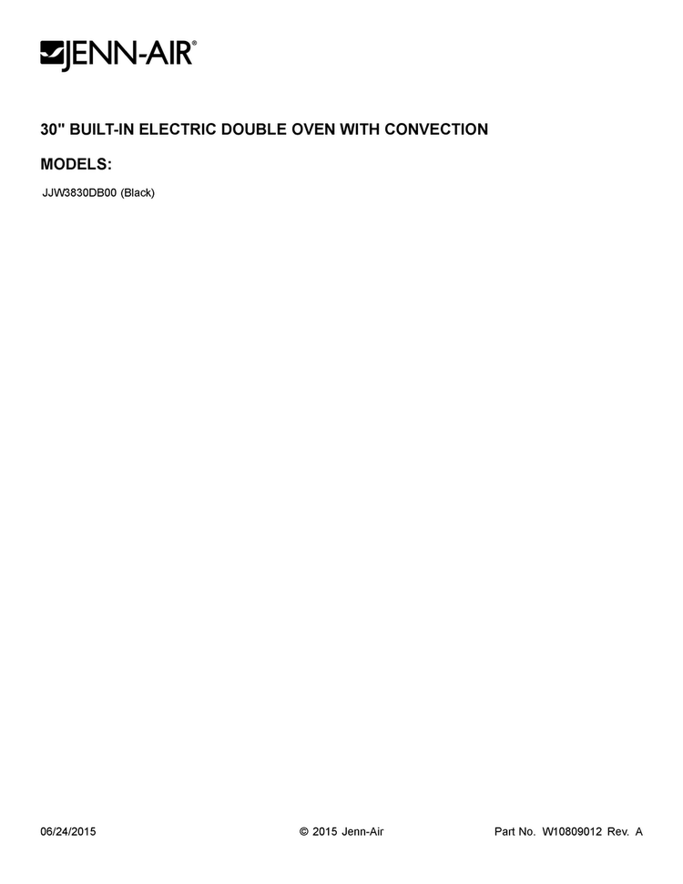 Cover Sheet Diagram and Parts List for JJW3830DB00  Jenn-Air Wall Oven