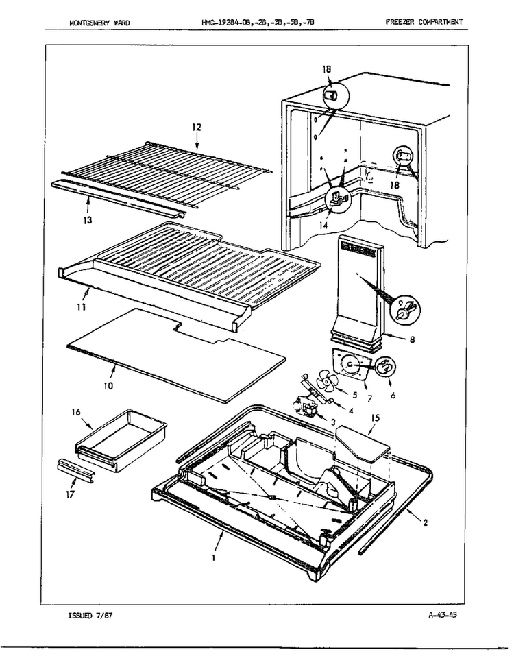 Freezer Compartment Diagram and Parts List for 19284A  Admiral Refrigerator