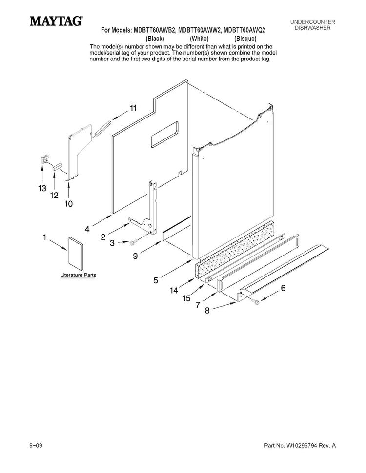 Door And Panel Parts Diagram and Parts List for MDBTT60AWB2  Maytag Dishwasher