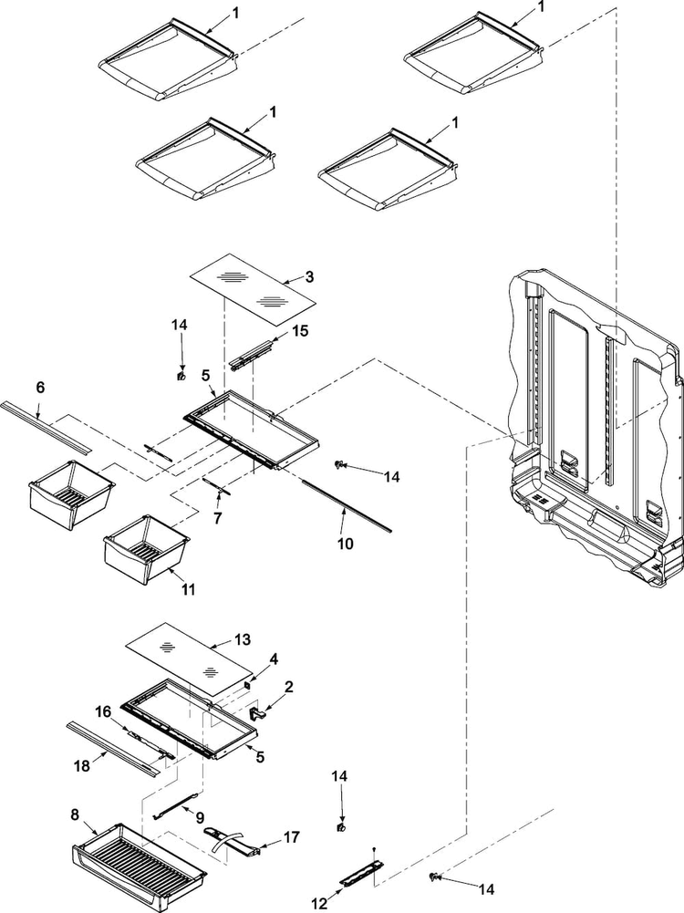 Refrigerator Shelving Diagram and Parts List for ABR2533FES0  Amana Refrigerator