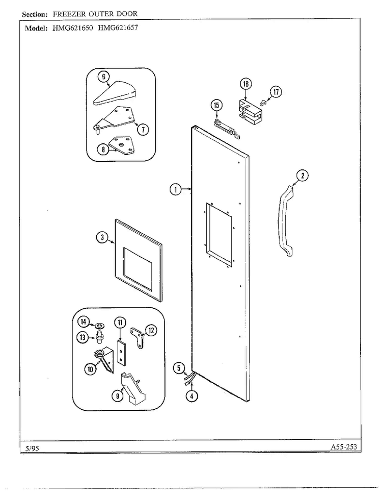 Freezer Outer Door Diagram and Parts List for HMG621657  Admiral Refrigerator