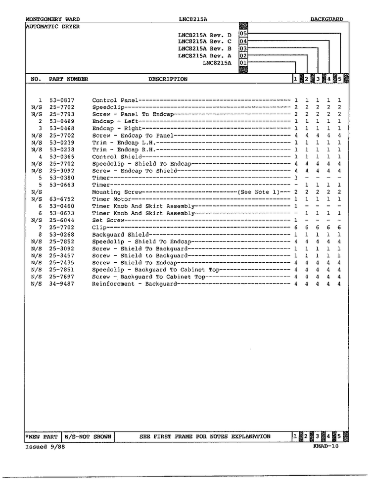 Backguard/explanation Of Notes Page 2 Diagram and Parts List for 8215A REV A Norge Dryer
