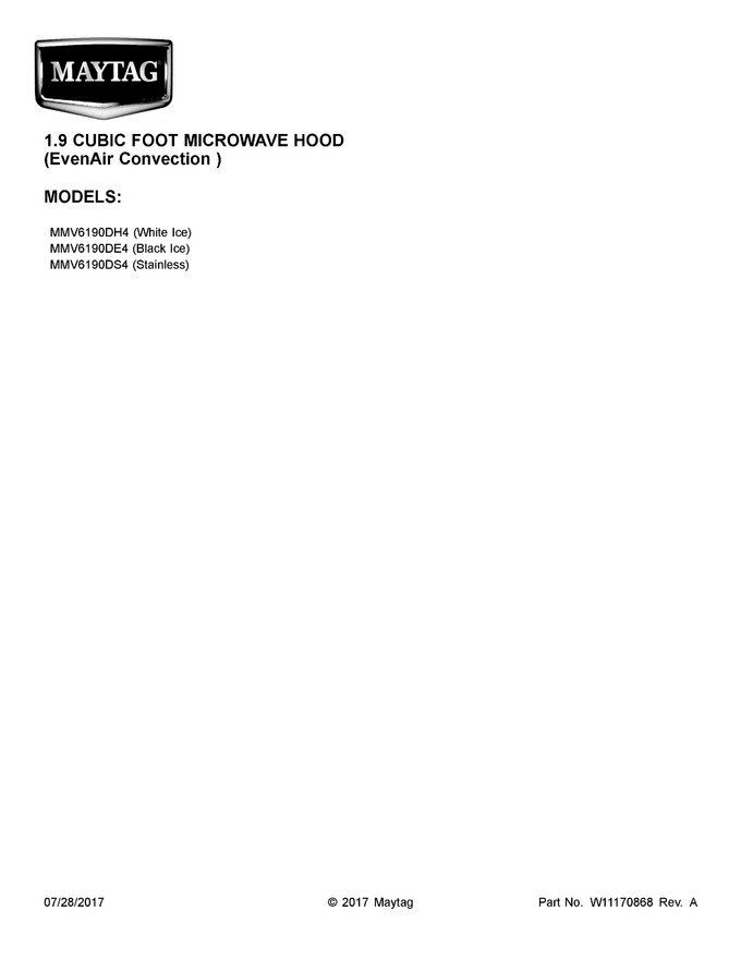01 - Cover Sheet Diagram and Parts List for MMV6190DS4  Maytag Microwave Oven Combo