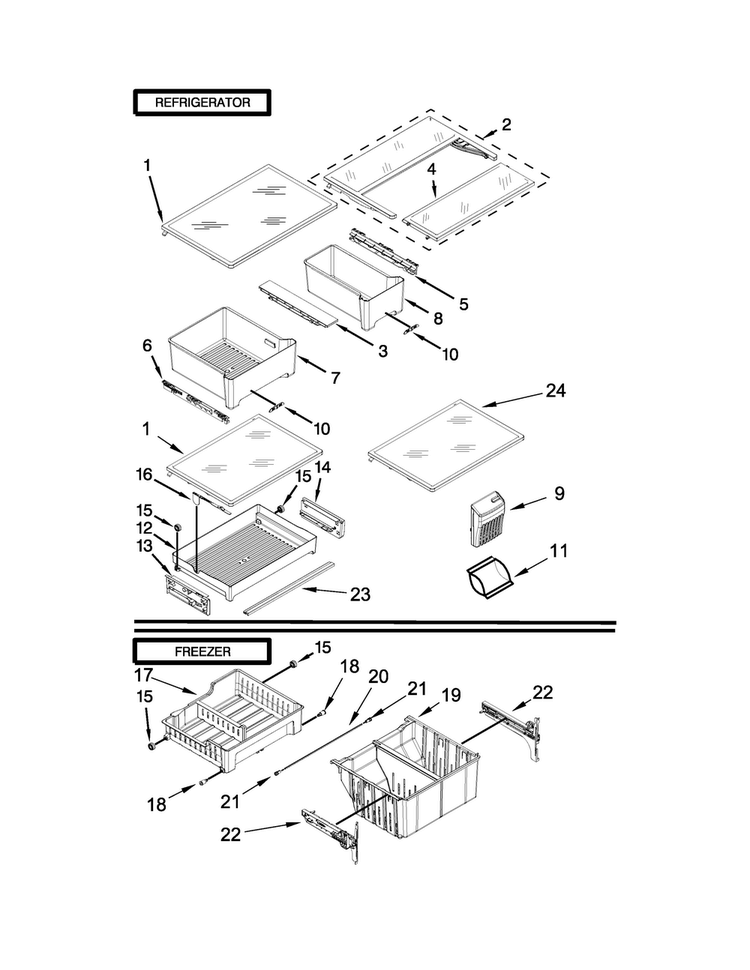 Shelf Parts Diagram and Parts List for MFB2055DRE00  Maytag Refrigerator
