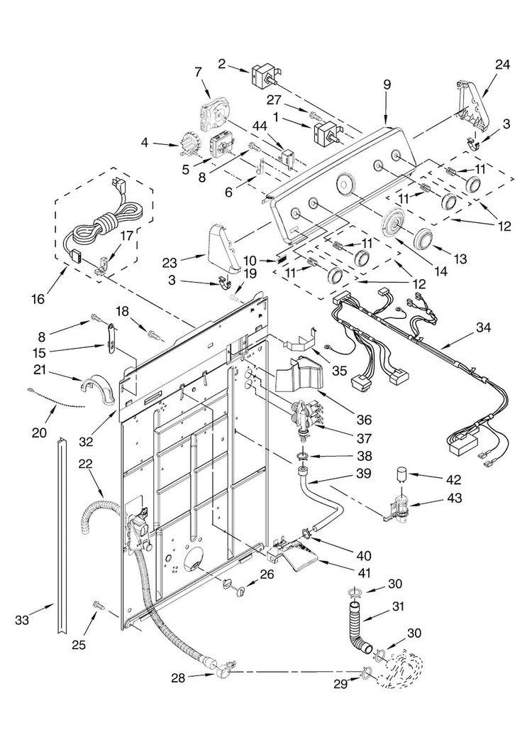 Controls And Rear Panel Parts Diagram and Parts List for MVWC700VW0  Maytag Washer