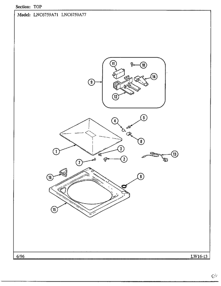 Top Diagram and Parts List for LNC6759A71  Admiral Washer