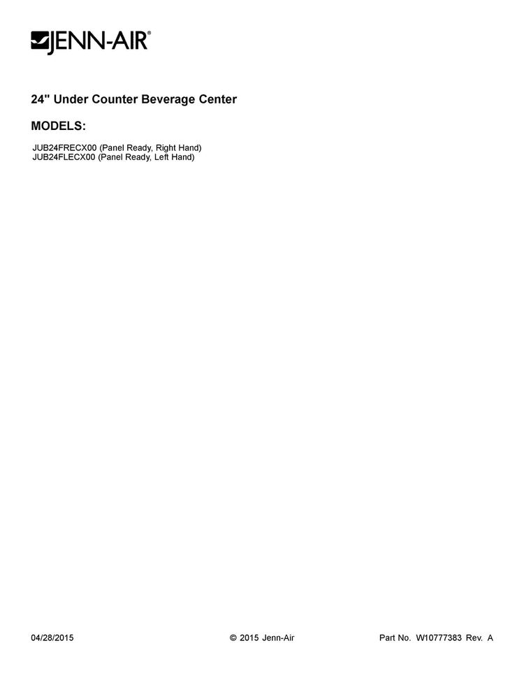 Cover Sheet Diagram and Parts List for JUB24FRECX00  Jenn-Air Wine and Beverage Cooler