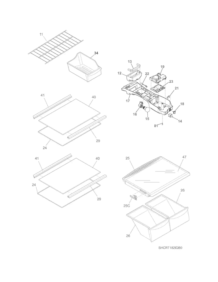 Shelves Diagram and Parts List for CRT182IQB0  Crosley Refrigerator