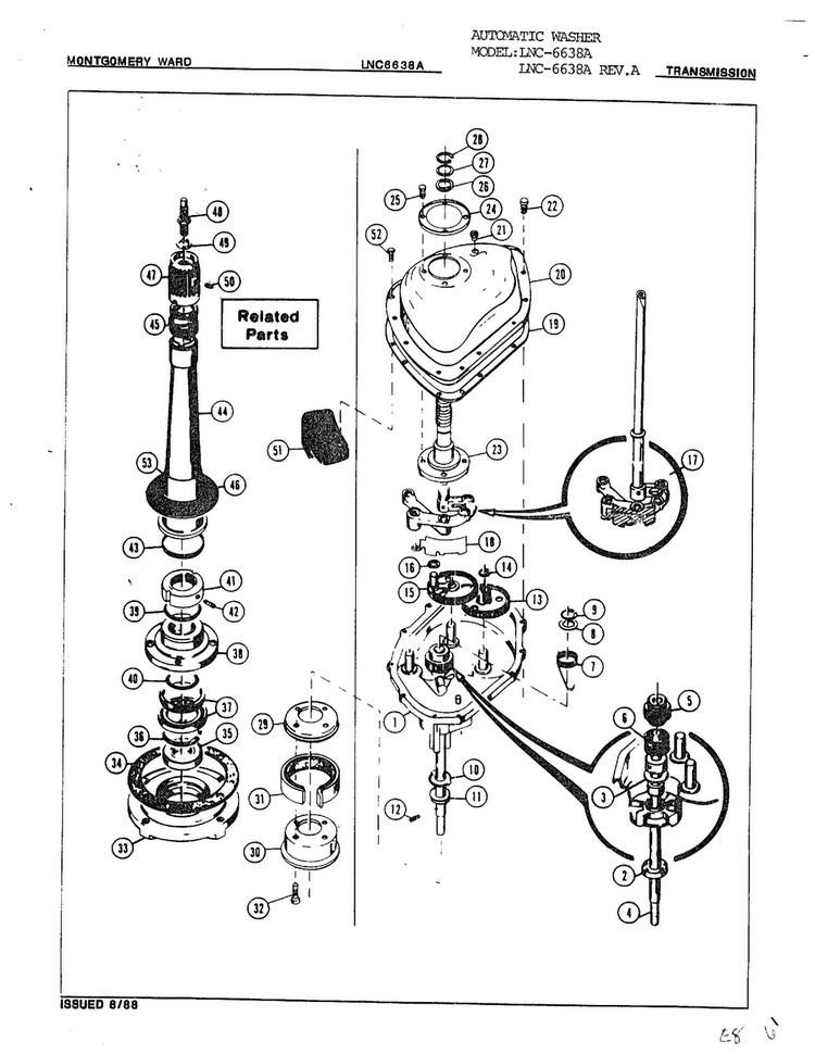Transmission And Related Parts Diagram and Parts List for 6638A  Norge Washer