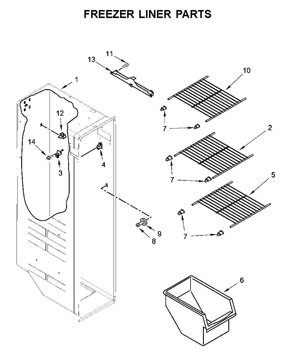 Freezer Liner Parts Diagram and Parts List for 1064650043713  Kenmore Refrigerator