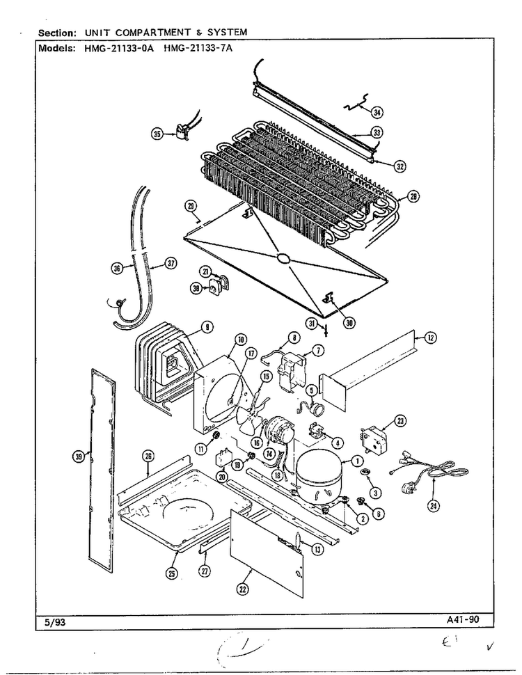 Unit Compartment And System Diagram and Parts List for 21133-A  Admiral Refrigerator