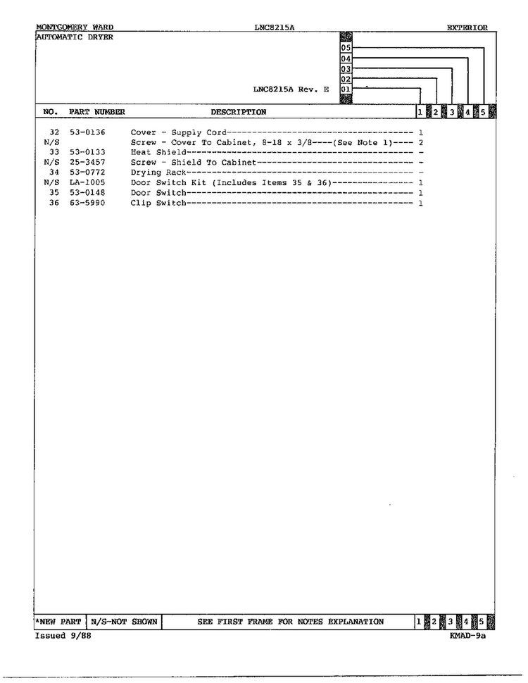 Gas Dryer Exterior Assembly Page 5 Diagram and Parts List for 8215A REV A Norge Dryer