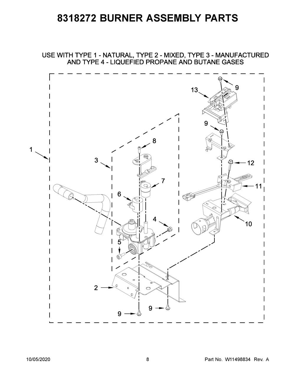 Burner Assembly Parts Diagram and Parts List for 7MMGDC300DW4  Maytag Washer