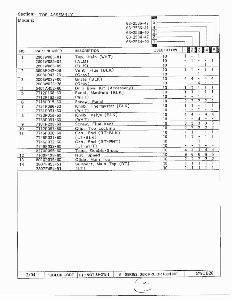 Top Assembly Page 2 Diagram and Parts List for 68-2534-40  Magic Chef Range