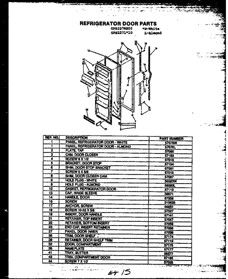 Refrigerator Door Parts Diagram and Parts List for GFS207 MN01 Caloric Refrigerator