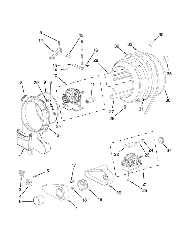 Drum And Motor Parts Diagram and Parts List for MED7500YW2  Maytag Dryer