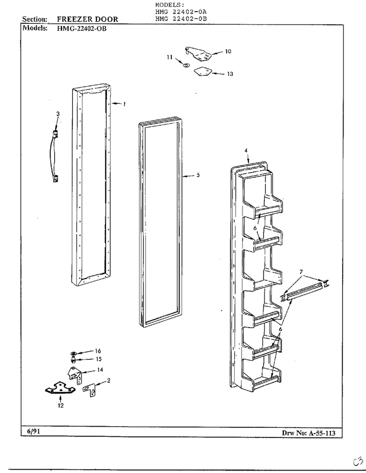 Freezer Door Diagram and Parts List for 22402-0A  Admiral Refrigerator