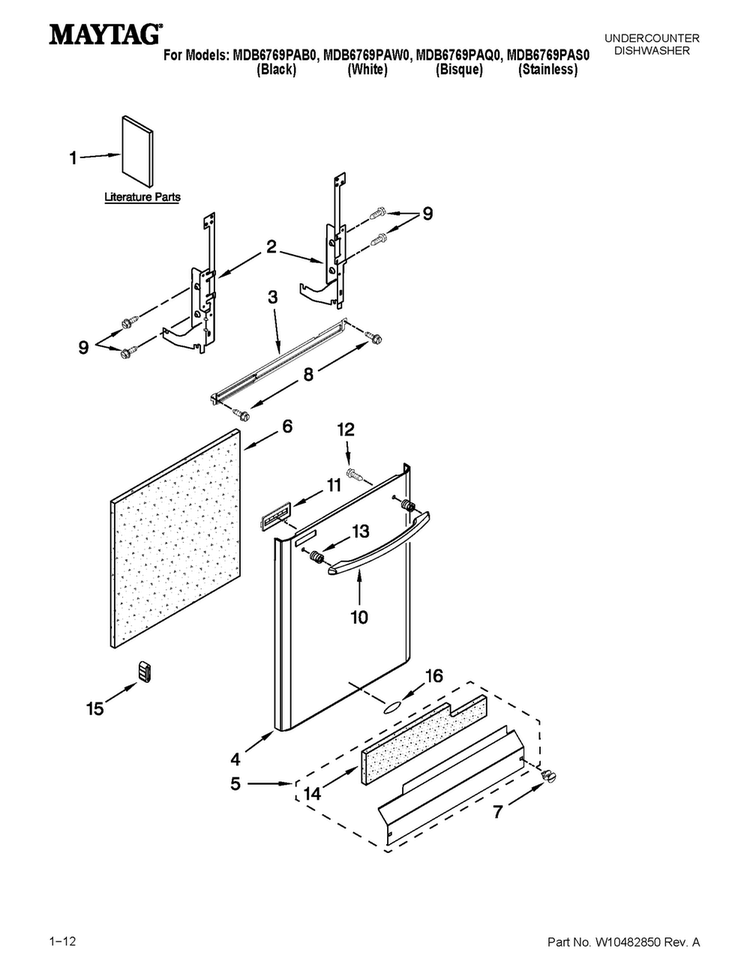 Door And Panel Parts Diagram and Parts List for MDB6769PAQ0  Maytag Dishwasher