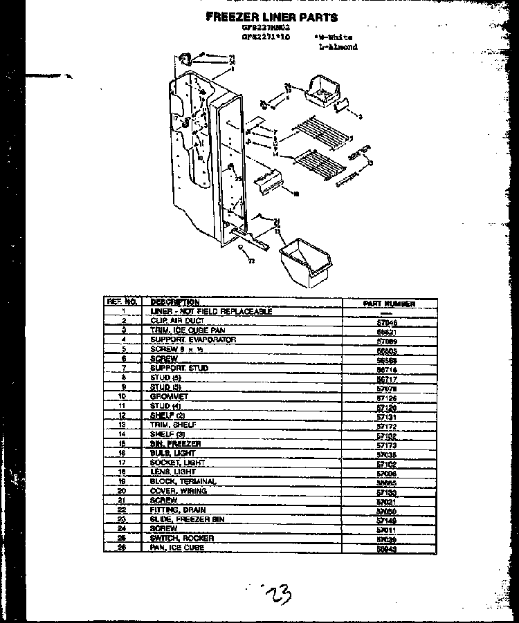 Freezer Liner Parts Diagram and Parts List for GFS207 MN01 Caloric Refrigerator